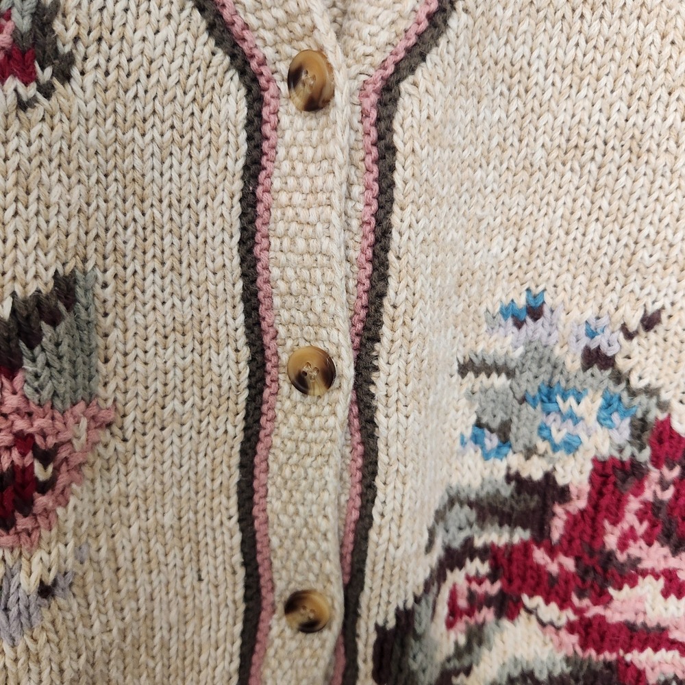 Vintage Pronto Moda Beige Hand Knit Floral‎ Vest Button Front V-Neck Size Medium View 3